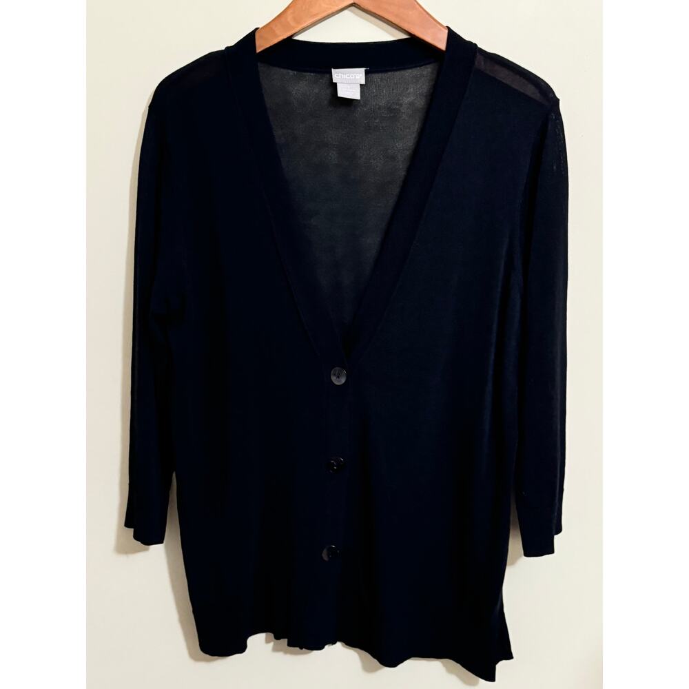 Chico's Cardigan Womens Size 1 Medium 8 Black Lightweight Crop Sleeve